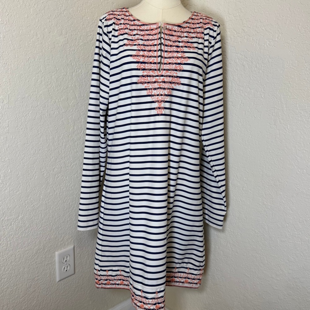 Tunic Dress Cabana Life Womens XL White Navy Coastal Embroidered Resort Preppy